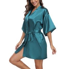 Trek Forte Women's Satin Robe Kimono Dressing Gown Short Bathrobe Bridal Bridesmaids Sleepwear Summer with Belt V-Neck, Green
