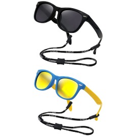 COOLSOME - anteojos de sol polarizadas flexibles para niños y niñas de 3 a 10 años con correas, Lente espejada negra y azul amarilla, 2 piezas/ajuste de 6 a 10 años, Small
