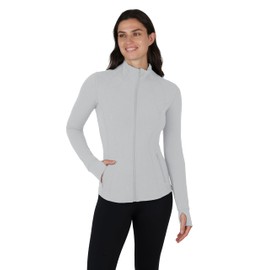 Yogalicious Full-Zip Lightweight Hooded Running Workout Yoga Lux Jacket with Pockets - Heather Light Grey - Medium