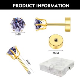 Hypoallergenic Birthstone Stud Earrings for Women Brilliant Cut Round Cubic Zirconia Flat Back Earrings Surgical Steel Cartilage Earrings for Sensitive Ears (Gold, Mar Aquamarine)