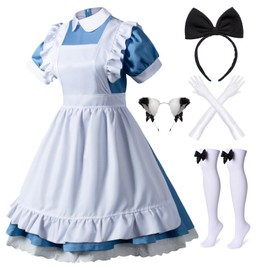 Wannsee Japanese Anime 6Pcs Lolita French Maid Apron Fancy Dress Cosplay Costume Gloves Headwear Socks set(Blue 3XL)