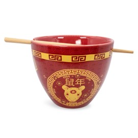 Boom Trendz Year Of The Rat Chinese Zodiac Ceramic Dinnerware Set | Includes 16-Ounce Ramen Noodle Bowl and Wooden Chopsticks Asian Food Dish For Home & Kitchen Kawaii Lunar New Gifts Red One Size
