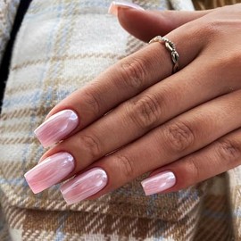 Qsnidy Press on Nails Square - Glazed Pink Fake Nails Medium Acrylic Glossy Full Cover Stick On Nails for Women and Girls Daily Wear, Natural Fit Glue on Nails in 12 Sizes - 24 Nails Kit