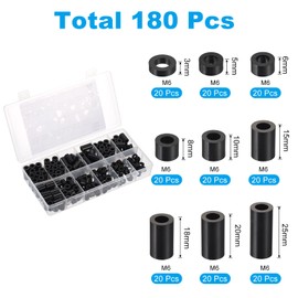 PATIKIL M6 Nylon Spacer Set, 180Pcs Non-Threaded ABS Round Spacer Standoff Assortment Electrical Outlet Spacers for PCB Motherboard, Circuit Board, Switch and Receptacle, Black