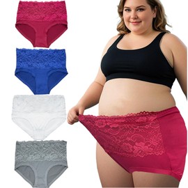 WhilyeePam Womens Underwear Plus Size High Waist Lace Panties Briefs 4 Pack Nylon Lace Underwear Pack Ladies Panties Plus (US, Alpha, 6X-Large, Plus, Regular, 4 pack)
