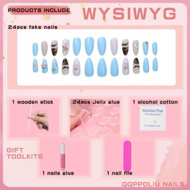 QQPPOLIU Medium Almond Press on Nails,3D French Tips Glue on Fake Acrylic Nails Kit,Cute Full Cover False Nails with Various Pattern Designs,for Birthday/Holiday/Christmas/Party