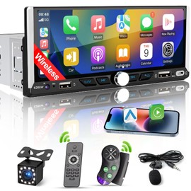 Single Din Car Radio Compatible with Wireless Apple CarPlay, Car Stereo with 6.9'' IPS Touchscreen,Bluetooth,FM AM Radio,GPS Navigation,Type-C/Dual USB 2.1A Fast Charge/Rear View Camera,MP5