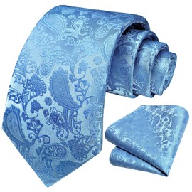 HISDERN Baby Blue Men's Tie Paisley Floral Ties for Men Solid Classic Pocket Square Set Neckties Handkerchief for Tuxedo Wedding Party Tie