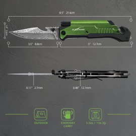 ALBATROSS 7-in-1 Damascus Folding Knife - Glass Breaker/Seatbelt Cutter/Flashlight/Fire Starter, Military Rescue Tool with Carrying Bag - FK01-DA-GN (Green)