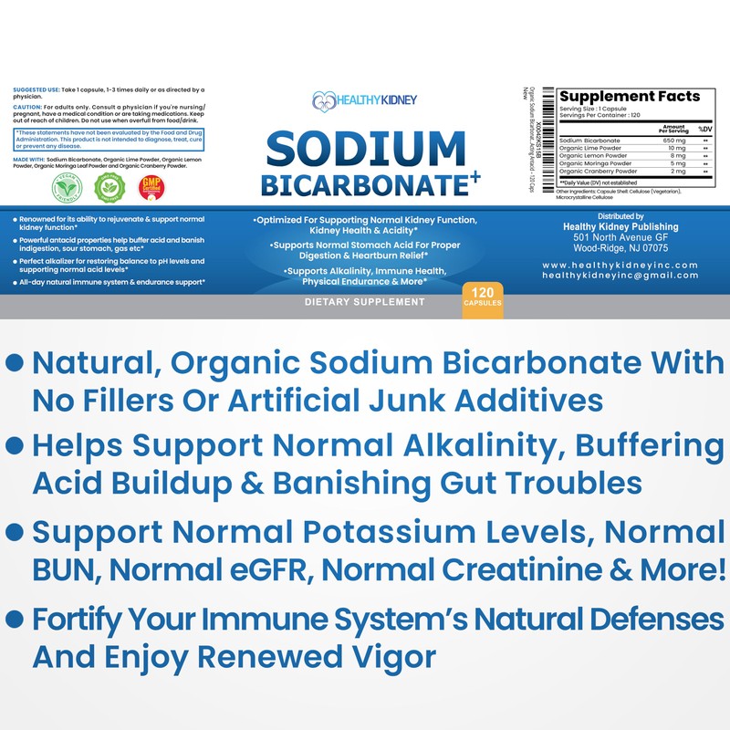 Organic Sodium Bicarbonate Alkaline 650 mg Capsules - Enhanced Kidney