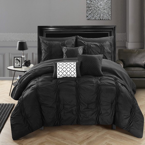 Chic Home 10 Piece Tori Pinch Pleated Bed in A Bag Comforter Sheets Set and Decorative Pillows, King, Black