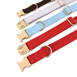 PET ARTIST Charming Nylon Dog Collar with Leather Adjustable Soft Elegant Nylon Collars for Dogs Small Medium Large 4 Solid Color for Choosing Blue Red Brown Grey (Blue,Neck Fit 9-14'')