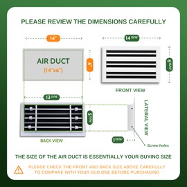 GREEN VENT - Vent Cover 14x6 - Decorative White Aluminum Air Vent Covers for Wall, Ceiling and Floor, Register Grille, Wall Register, Linear Slot Diffuser, Quiet Operation HVAC Cover for Home - White