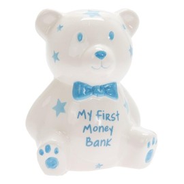 My First Money Bank MINI Teddy Money Box White with Blue Stars