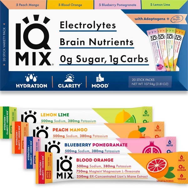 IQMIX Sugar Free Electrolytes Powder Packets - Hydration Supplement Drink Mix with Keto Electrolytes, Lions Mane, Magnesium L-Threonate, and Potassium Citrate - Variety Pack (20 Count)