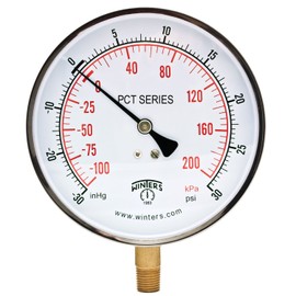 Winters PCT Series Stainless Steel 304 Dual Scale Contractor Pressure Gauge, 30" Hg Vacuum-0-30 psi/kpa, 4-1/2" Dial Display, +/-1% Accuracy, 1/4" NPT Bottom Mount