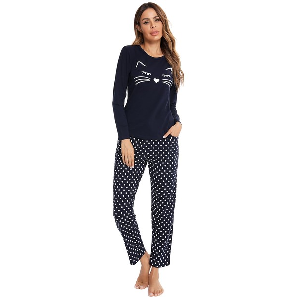 SPKPKEY Women's Cotton Pajama Set Long Sleeve Top & Polka