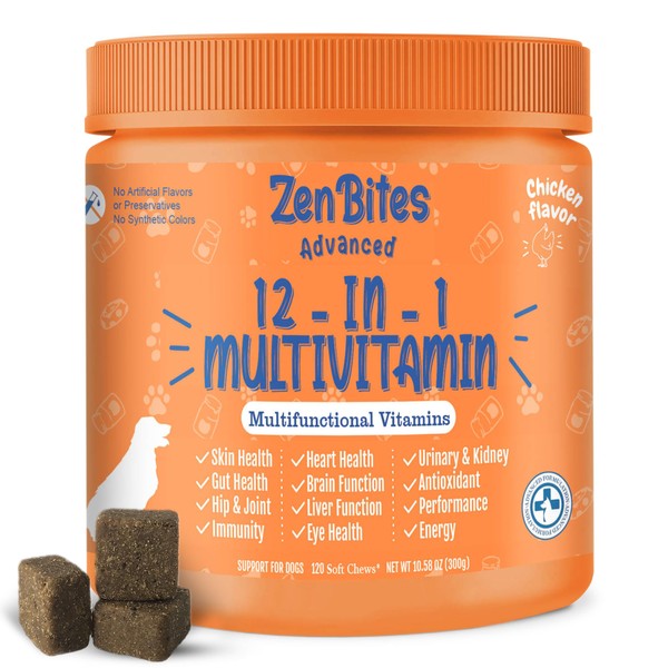 ZenBites 12-in-1 Dog Vitamins & Probiotics 120 Soft Chews - Organic Multivitamin with Glucosamine for Dogs - Joint Support Supplement for Dogs of All Ages,Sizes, & Breeds,Supports Skin,Heart,Immunity