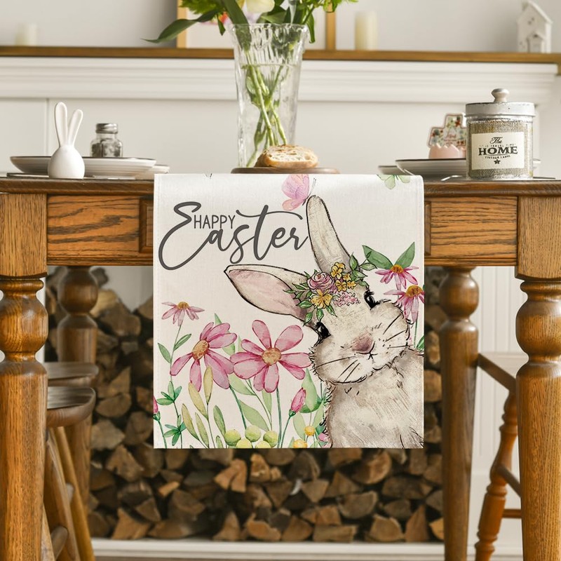 Artoid Mode Daisy Bunny Rabbit Easter Table Runner, Seasonal Spring