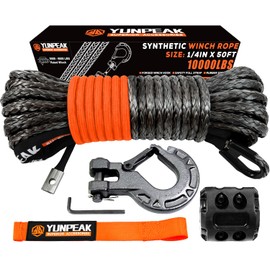 Synthetic Winch Rope Kit, 1/4" x50 ft 10000LBS Winch Cable Replace Kit, with Protective Sleeve, Heavy Duty Hook, Rubber Stopper, Safety Pull Strap for Off-Road 4x4 Vehicles ATV UTV(Black)