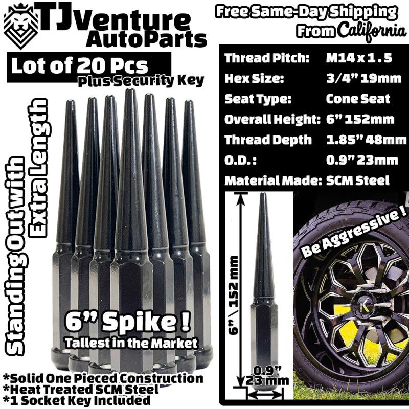 TJ 20Pc Black 6" XL Tall M14x1.5 Solid Spike Lug