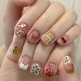 Press On Nails, Short Square Shape, Stick on Nails，Glue on Nails Fake False Nails on 24PCS for Women and Girls (Cute Graffiti)