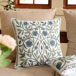 ISAENNE Design Fresh Linen Square Throw Pillow Covers 18"x18", French White Cottage Cushion Covers with Blue Floral Branches Pattern Decor Pillowcases for Bed,Living Room,Outdoor,Car