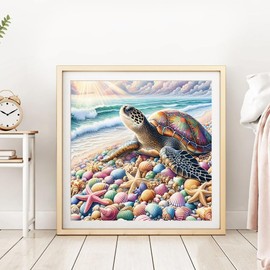 DPDAKIT Diamond Art Kits Beach for Adults, Diamond Painting Kits Sea Turtle for Beginner, 5D DIY Round Full Gem Art Crafts for Home Wall Decor Gift, 12x12inch