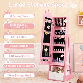 Costzon Kids Jewelry Armoire, 45.5" Standing Jewelry Cabinet with Full-Length Mirror, Large Capacity, Back Storage Shelf, Kids Vanity Dress Up Mirror Jewelry Organizer for Little Girls (Pink)