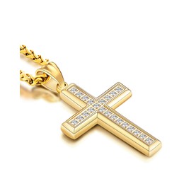 Edulex Stainless Steel CZ Cross Necklace for Men Women, 18K Gold Plated 5A+ Cubic Zirconia Crucifix Pendant Christian Religious 3mm Rolo Chain Jewelry Present