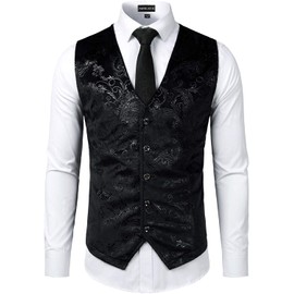 PARKLEES Luxury Mens Metallic Paisley Gold Shiny Waistcoat Wedding Prom Party Suit Tuxedo, black