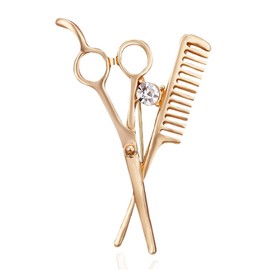 coadipress Crystal Comb Scissors Brooch Pin for Women Men Unique Gold Silver Barber Tools Salon Hairdresser Corsage Collar Pin Gifts Jewelry (Gold)