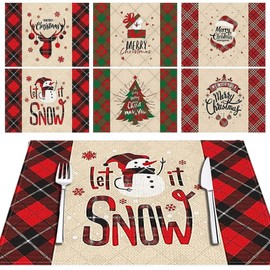 TAGNEFLOR Mantel Individual Navideño De Lino con Dibujos Animados,Decoraciones Navideñas For Manteles Individuales De Cuadros, Set De 6 Piezas (Estilo_B)