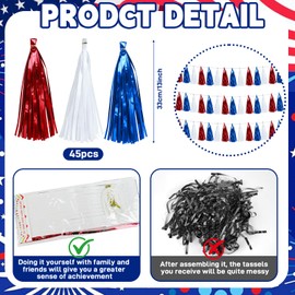 Morofme Red White Blue Foil Fringe Garland 45pcs Patriotic Tassel Banner 4th of July Metallic Tinsel Streamers for Independence Day Memorial Day Parade Floats Wall & Outdoor Party Decor