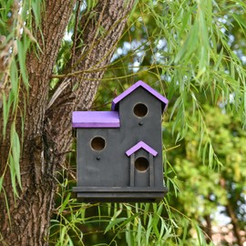 3-Chamber Wooden Bird House with Rope, Outdoor Bird Nesting Box with 3 Entry Holes, Multi-Level Shelter for Small Birds (Black/Purple, 3 Chamber)