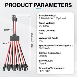 KNMIPJD Solar connectors Tool-Free Solar Cable connectors Solar Connector for 5 Solar Panels Water Proof Solar Panel connectors 2 to 10 Y-Branch Parallel Adapter Solar Cable Extension（2Y10,1PCS）