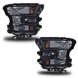 PIT66 Headlights, Compatible with 15-17 Ford F150 Replacement Headlights Head Lamps Left+Right Pair Headlamp Assembly Accessories Smoky Lens Black Housing Amber Reflector