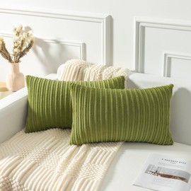 Kevin Textile Velvet Lumbar Pillow Covers Striped, Spring Decorative Throw Cushion Case with Hidden Zipper for Home Couch/Bedroom/Car, Soft Cozy Solid Oblong, 2 Pack (12"x20",Green)