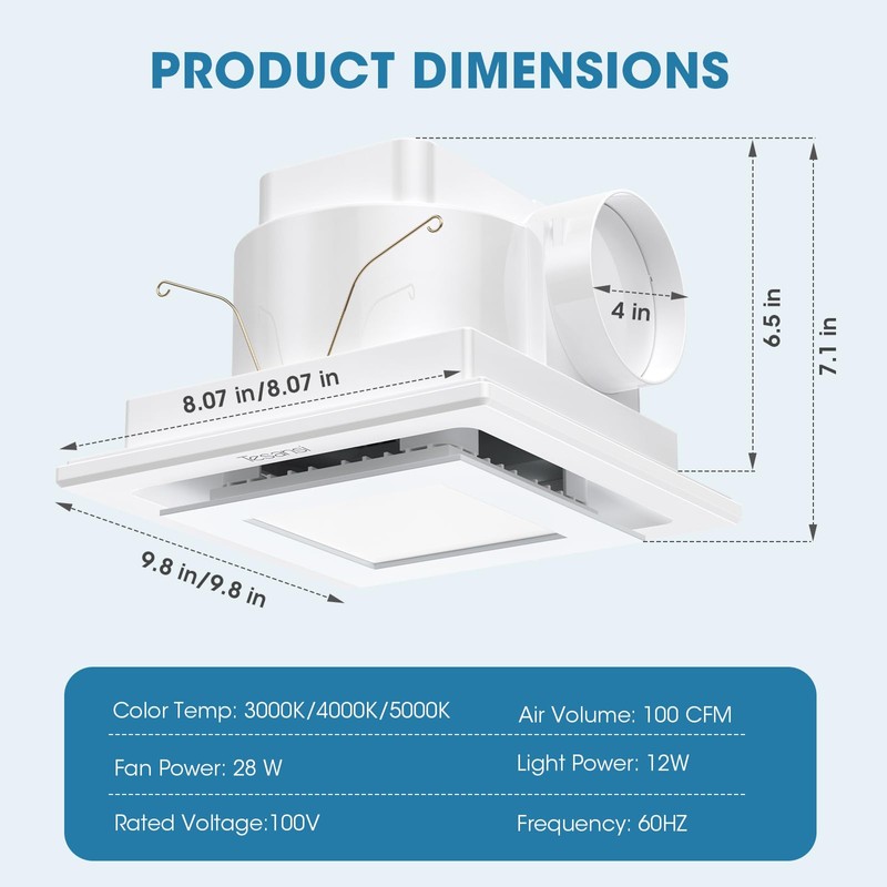 Tesansi Bathroom Exhaust Fan with Light - 100 CFM Efficient