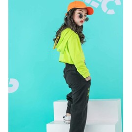 LOLANTA Girls' 2 Piece Dance Outfits Hip Hop Clothes, Kids' Cropped Hoodie White Pants Set Loose Fit (Green, 12-14)