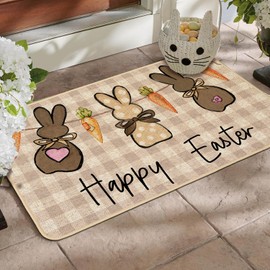 Baccessor Easter Doormat Rug 17x29 inch, Wood Bunny Rabbit Carrots Welcome Door Mat for Floor Non Slip Rubber Backing Seasonal Holiday Switch Mat for Indoor Outdoor