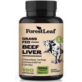 ForestLeaf Grass Fed Beef Liver Capsules, 3000mg Per Serving, Supports Full Immunity & Body Wellnes, Cleansing, Digestion, Natural Iron, Vitamin A and B12, Freeze Dried Beef Liver Supplement, 180 Caps