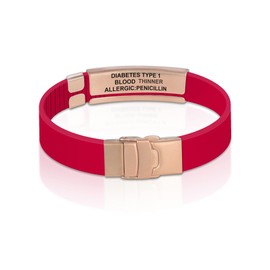Divoti Divoti Custom Dual-Sided Engraved Silicone Medical Alert ID Wristband w/Security Clasp & Trim-to-Fit Crisp Red Silicone Band w/Security Clasp - 14MM PVD Rose Gold/Black