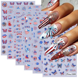 6PCS 4th of July Nail Art Stickers American Flag Patriotic 5D Embossed Nail Decals Independence Day Nail Supplies USA Butterfly Statue of Liberty Star Eagle Design Self-Adhesive Nail Sticker for Women