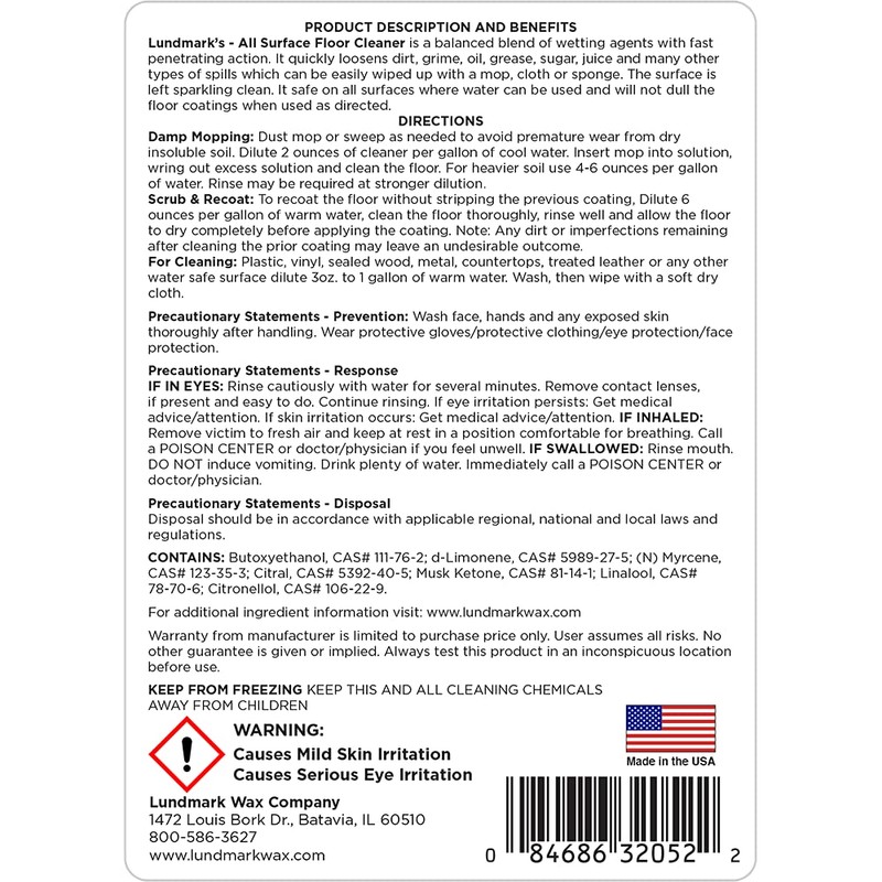Lundmark All Surface Floor Cleaner, Concentrated Cleaner for Wax Floors,