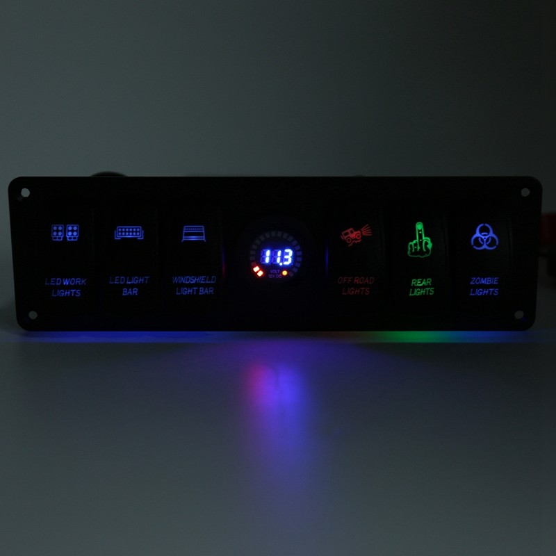 6 Gang Toggle Rocker Switch Panel Colorful LED Voltmeter for