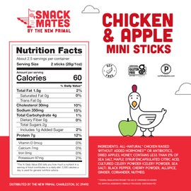 New Primal Snack Mates Chicken & Apple Sticks, Gluten Free Healthy Snacks for Kids, Low Sugar High Protein Back to School Snacks, Mini Paleo Jerky Meat Stick, 7g Protein, 60 Calories, 0.5 Ounce (10 Pack)