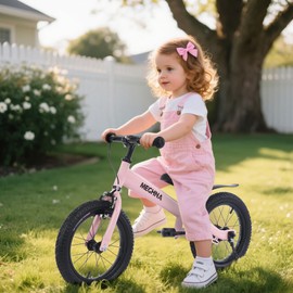 MEGHNA 2 in 1 Toddler Balance Bike 14 inch Wheel Kids Bike Aged 3-7 Years Old with Footrest Detachable Training Wheels Caliper and Coaster Brake Strider Bike for Boys Girls, Easy to Assembly, Pink
