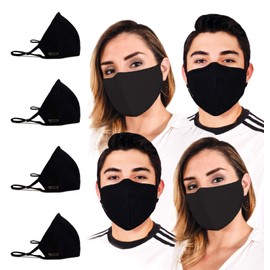 Face Mask for Protection with Built-In Filters; Washable, Reusable & Size-Adjustable (4 Pieces Adult, Black)