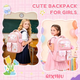 QIXIHU Kids Backpack for Girls - Kawaii School Backpack with Cartoon Pins & Pom Pom Charm - Lightweight Water Resistant Bookbag for Elementary Students - Travel Backpack with Luggage Strap - Pink